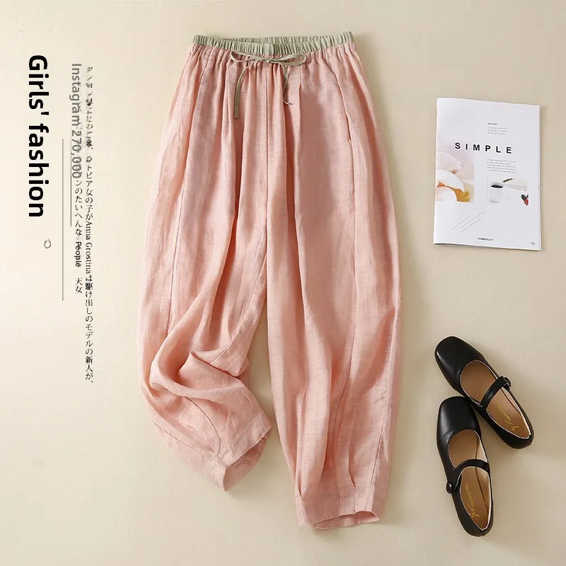 

Летние тонкие драпированные брюки с высокой талией, свободные утягивающие крутые солнцезащитные повседневные брюки-фонарики, женские брюки из смеси хлопка с кондиционером