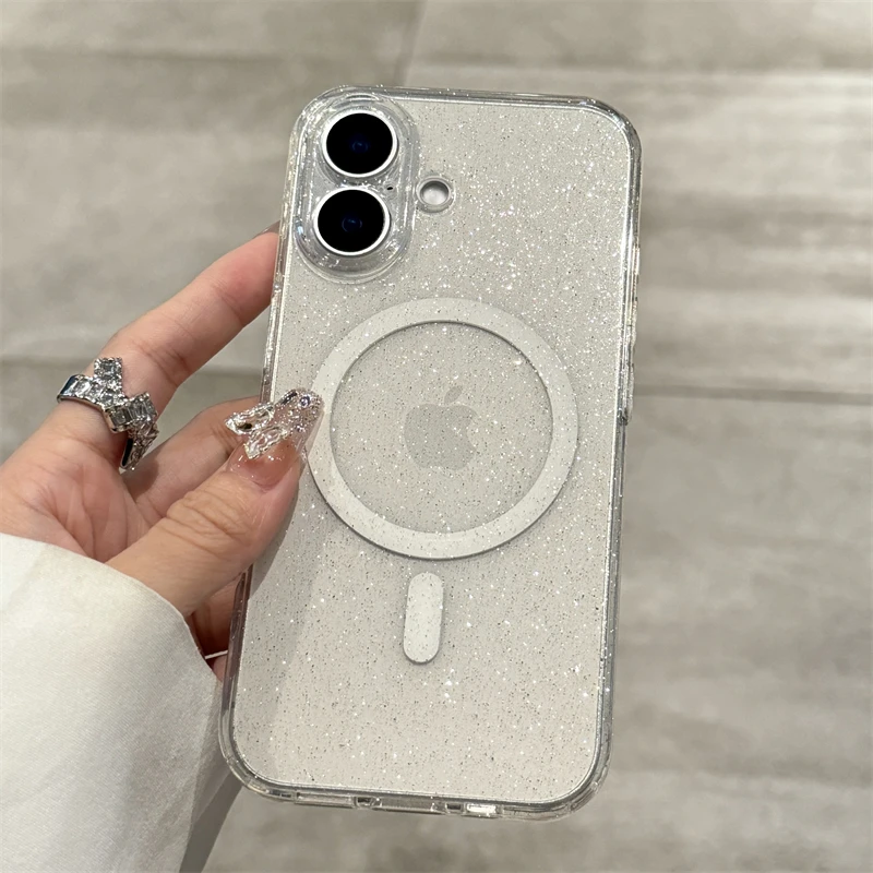 Luxury Glitter Magsafe Transparent Case For iPhone 11 12 13 14 15 16 Pro Max Plus Magnetic Wireless Charge Shockproof Soft Cover