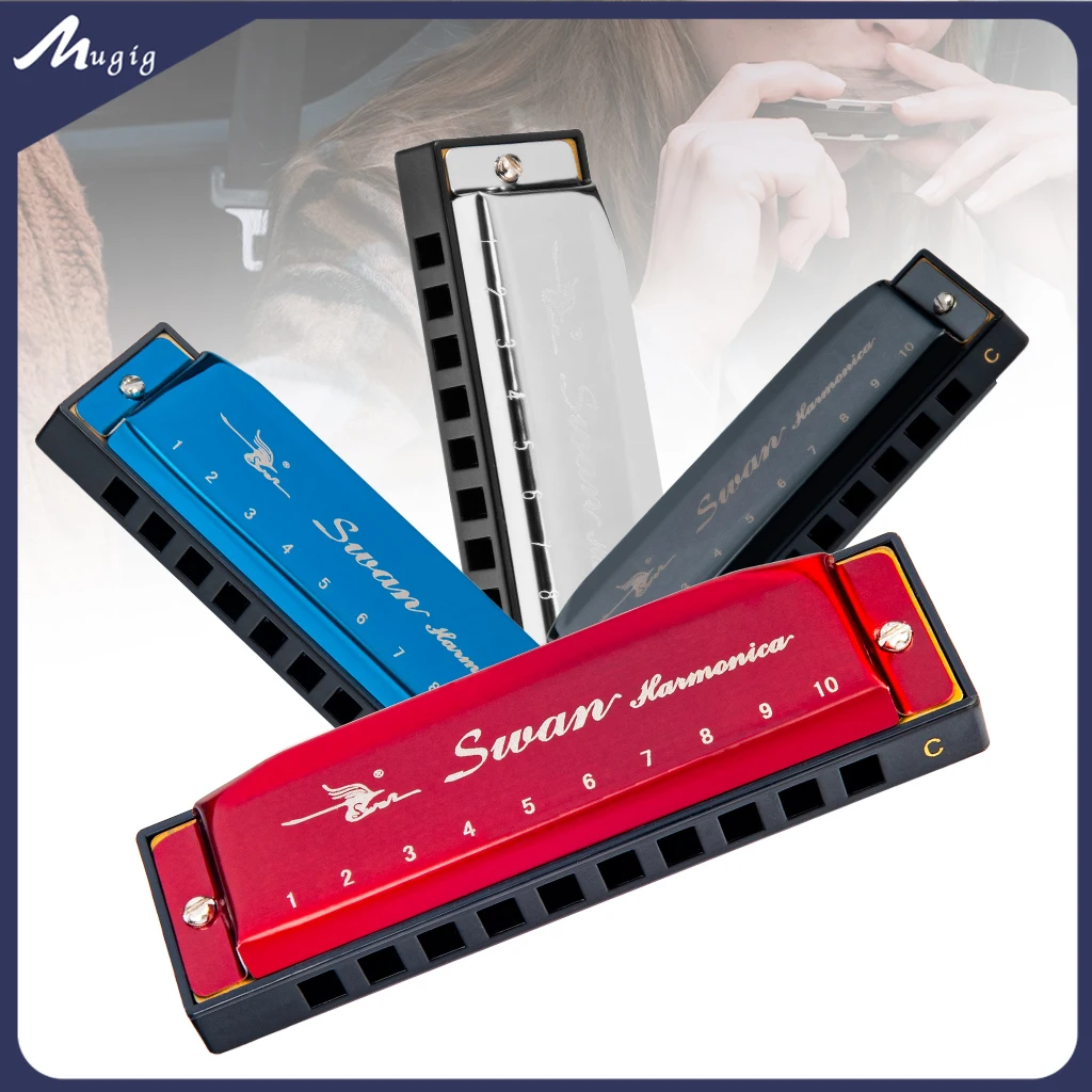 

Swan 10 Holes 20 Tones Blues Jazz Rock Folk Diatonic Harmonica C Key Mouth Organ Harp With Case Woodwind Instruments