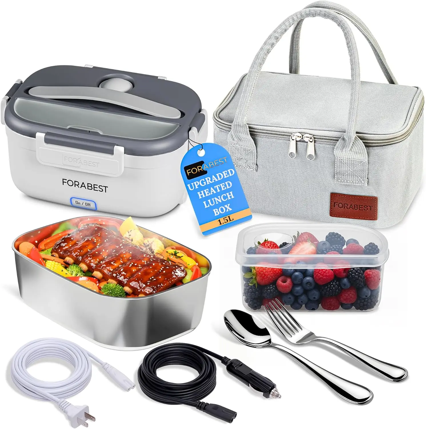 

Heated Lunch Box 80W Portable Food Warmer 1.5L Stainless Steel with Utensils & Carry Bag for Adults, 12V/24V Car & 110V/120V