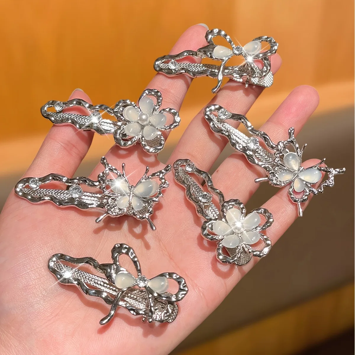 6pcs Elegant Luxury Irregular Ripple Metal Hair Clip Imitation Cat's Eye Butterfly Flower Duckbill Clip Retro Women's Side Clip