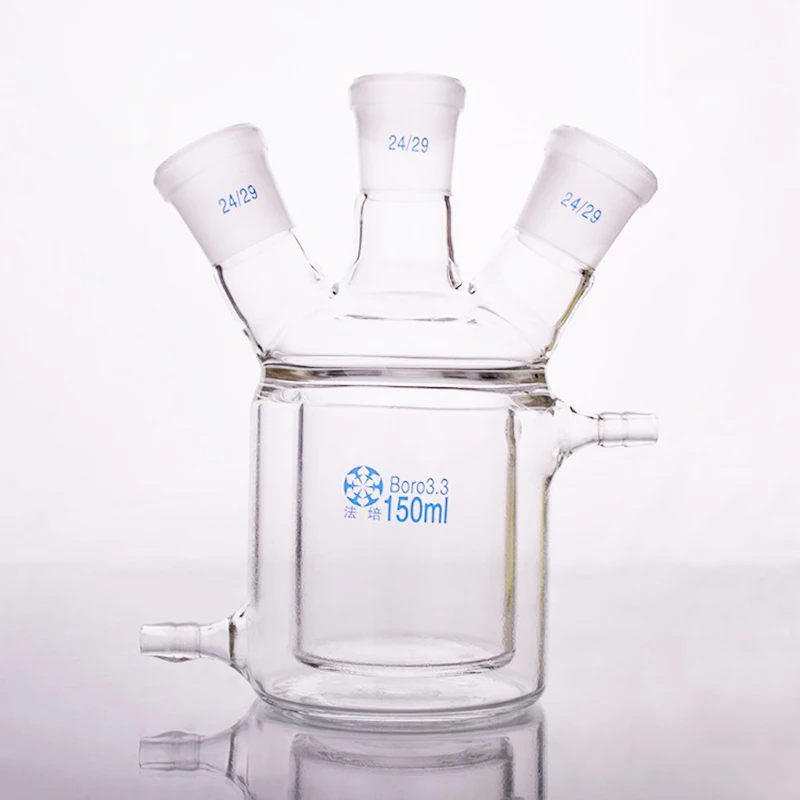 FAPEI Double-deck cylindrical three-necked  bottom flask,Capacity 150ml,Joint 24/29,Mezzanine jacketed reactor bottle