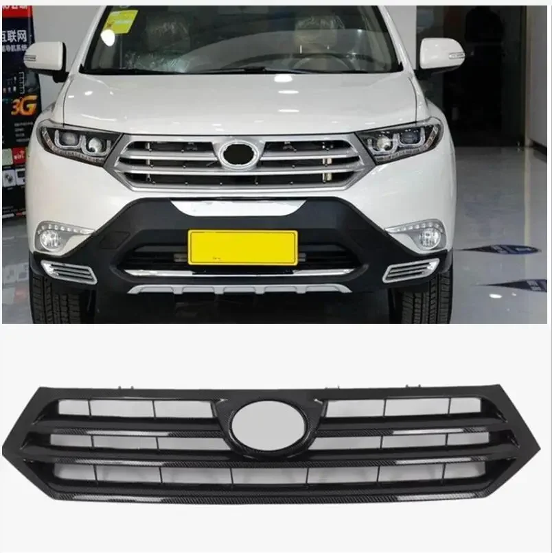 carbon fibre For Toyota Highlander 2012 2013 2014Car avant Grill Grille cas avec une bande pour ABS Chrome Honey Bumper Mesh Gri