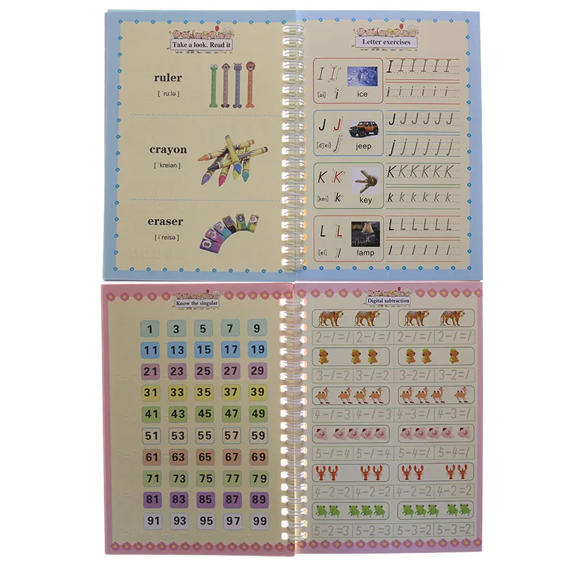 (1 Set/4 Books and Pen) Magic Workbook Children's Writing Toys with Stickers Montessori Calligraphy Toys English Notebook