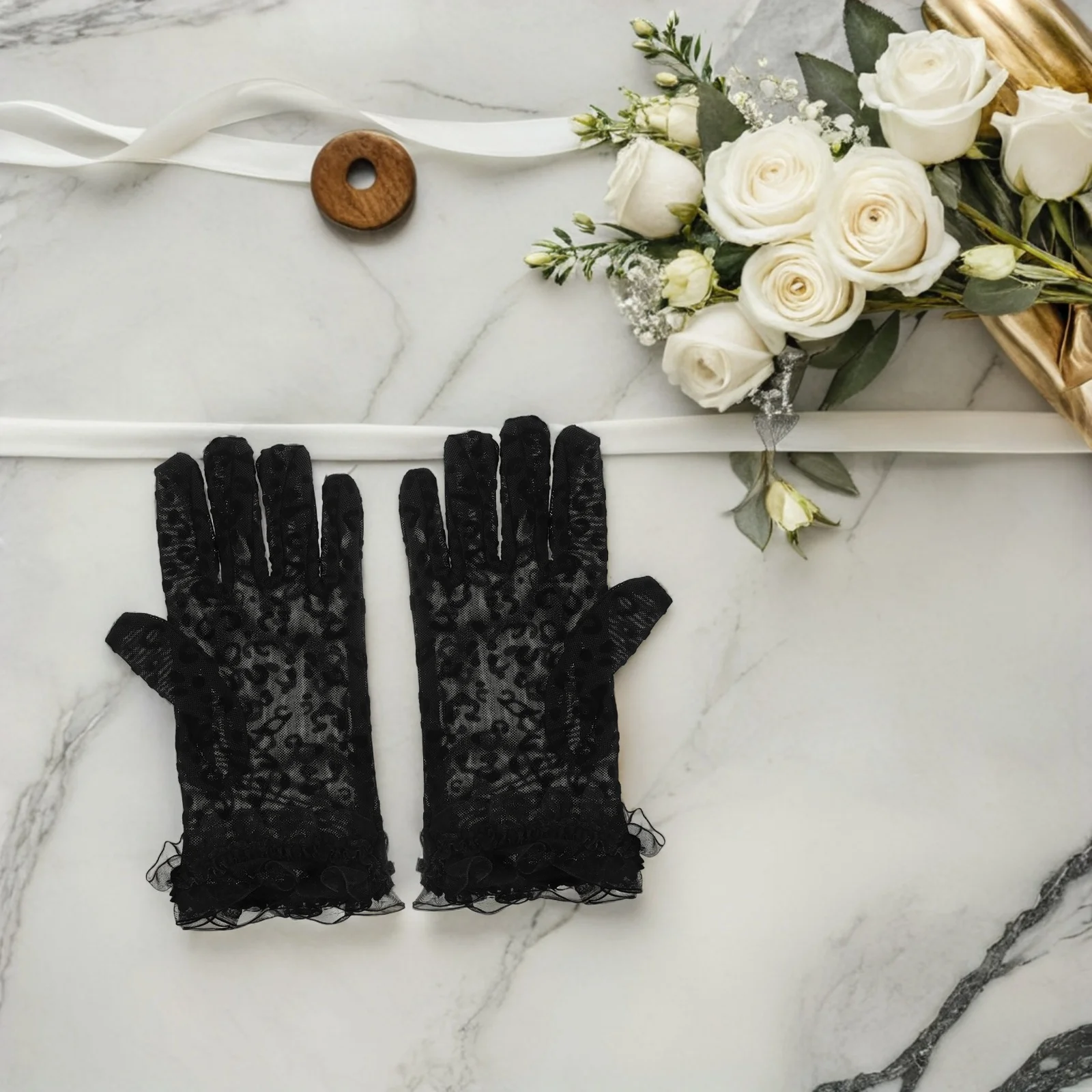 2 Buah Sarung Tangan Motif Macan Tutul Sarung Tangan Renda Malam Pernikahan Pesta Antik Ringan Bersirkulasi Jaring Pendek Wanita