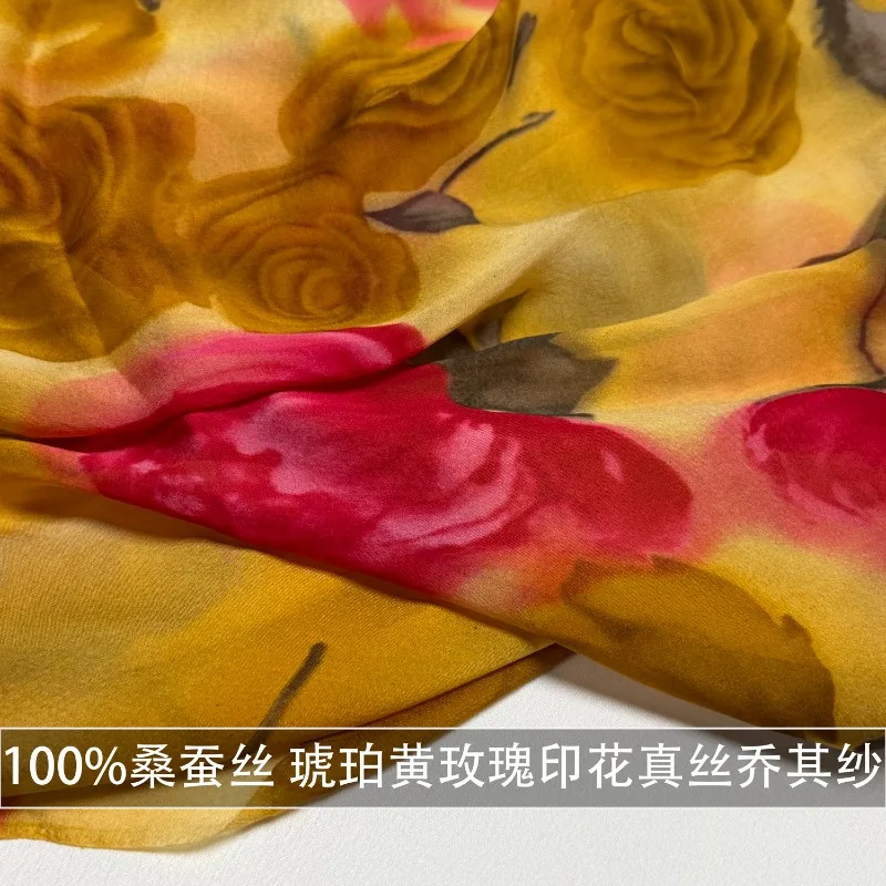 1meter-100-mulberry-silk-amber-yellow-rose-printed-silk-georgette-fabric-dress-fabric