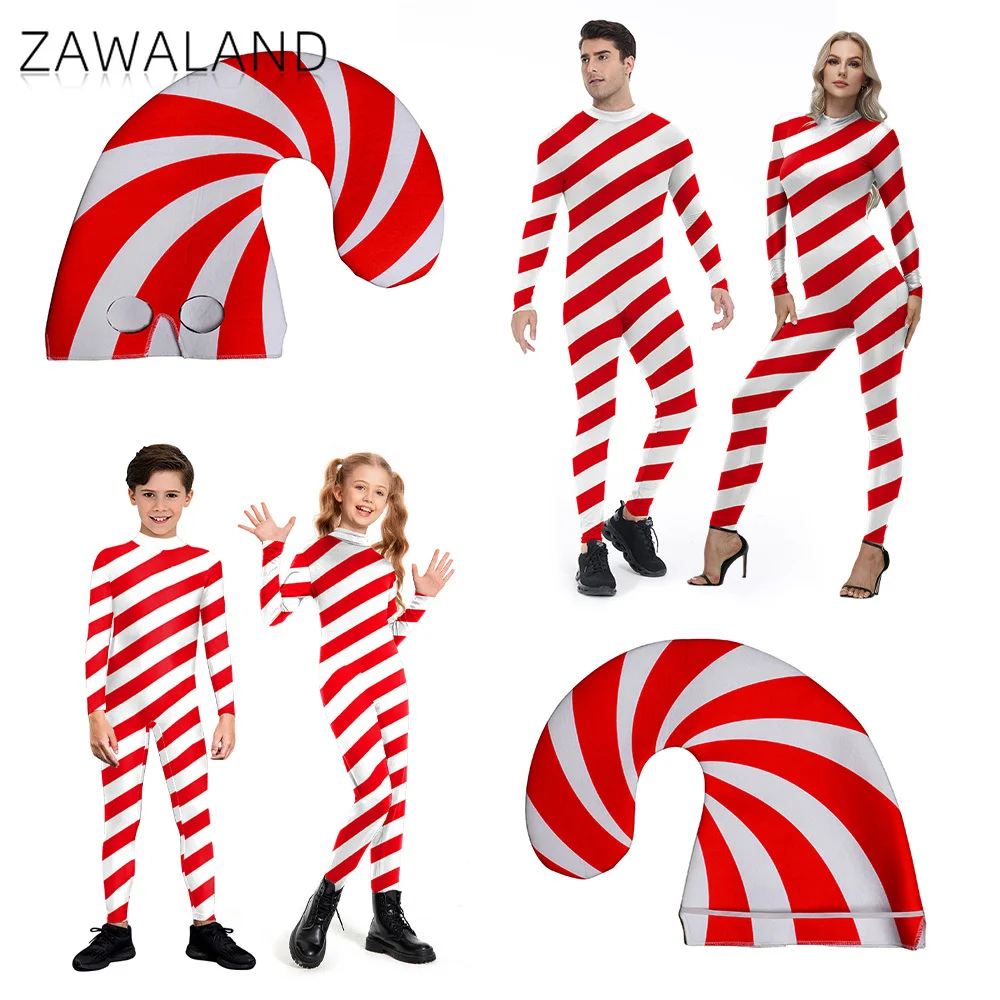 

Candy Cane Cosplay Costume Christmas White Red Stripes Jumpsuits Xmas Family Matching Set with Hat Carnvial Holiday Party Outfit