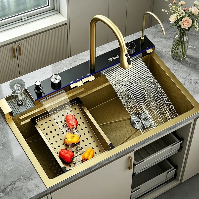 

Golden Stainless Steel Kitchen Sink Household Multifunctional Waterfall With Digital Display And Knife Holder Wash Dish Basin