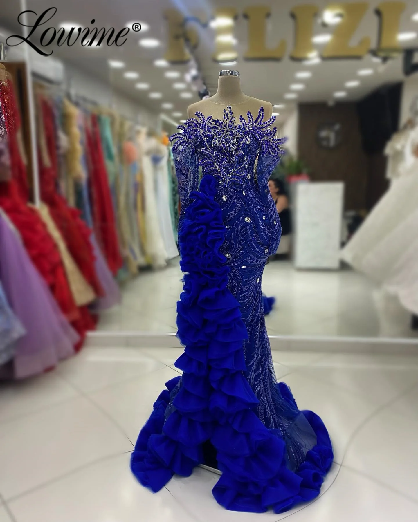 

Вечернее платье Lowime Royal Blue Crystals с открытыми плечами, индивидуальный пошив, с рюшами и разрезом, длинными рукавами, для выпускного вечера/вечеринки, модель-роба