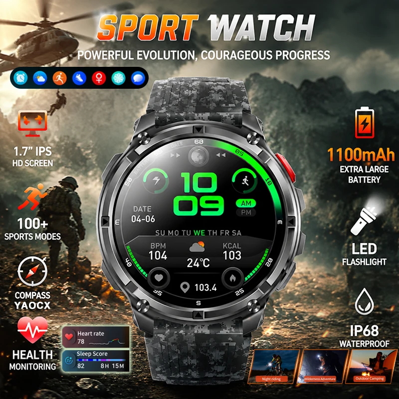 

New 1100mAh Battery Smart Watch 5ATM Waterproof 100+Sports Health Monitoring Outdoors LED Flashlight Compass Military Smartwatch