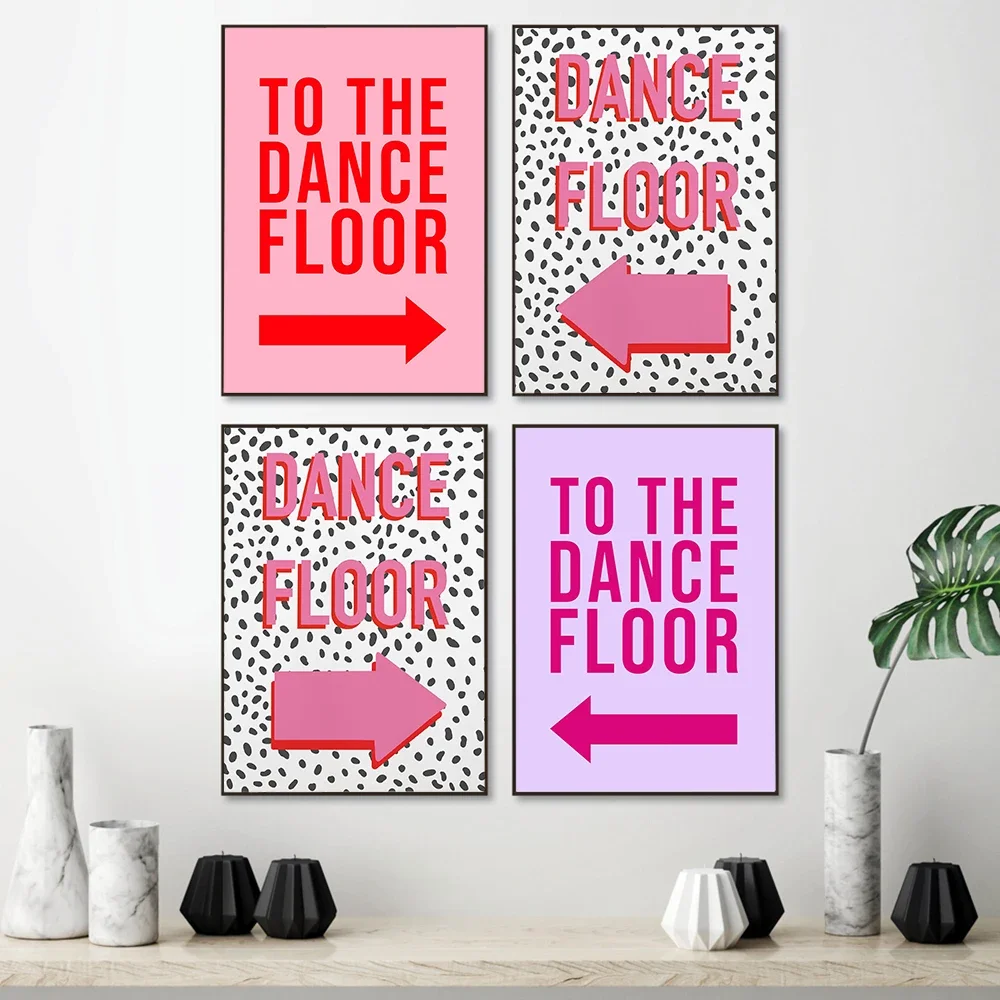 Funny Dance Floor Arrow Poster and Print Disco Spotty Wall Art Picture Party Sign Pink Red Unframed Painting Feature Home Decor