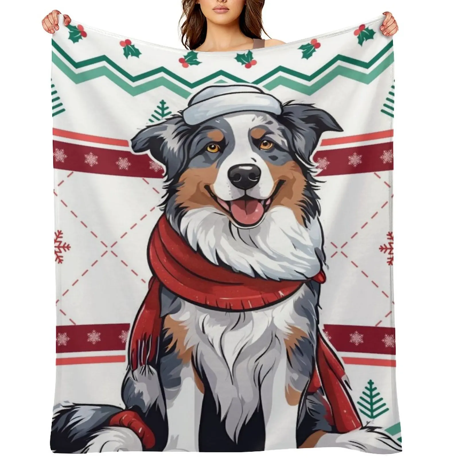 

Aussie: Australian Shepherd Against Christmas Sweater Pattern Throw Blanket Loose Cute Plaid for winter Custom Blankets