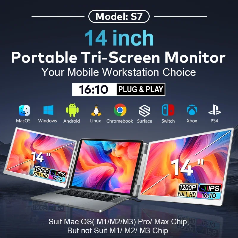 2024 new 14 inch dual lcd screen 16:10 display Desk model portable triple monitor with stand for laptops 12-17.3 inch