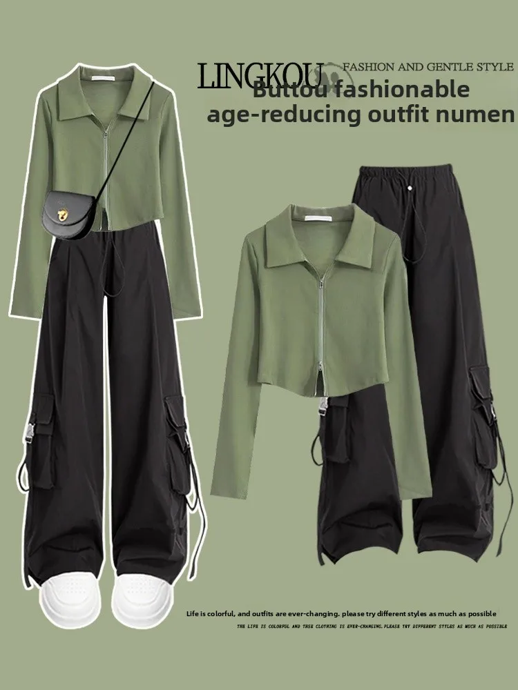 

High Waist Slim Fit Casual Outfit Women's Large Size Salt Series Two-Piece Set Zipper T-irt And Workwear Pants