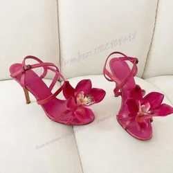Rose Red Flower Decor Elegant Sandals Back Strap Open Toe Shoes for Women Stilettos High Heels Shoes 2023 Zapatos Para Mujere