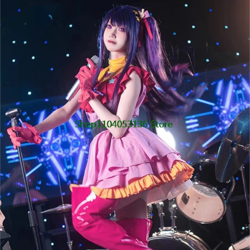 Hoshino Ai Hoshino Cosplay Kostüm Anime Cosplay OSHI NO KO Kleid Prop Rosa Uniform Haarnadel Halloween Singen Party Kleiden