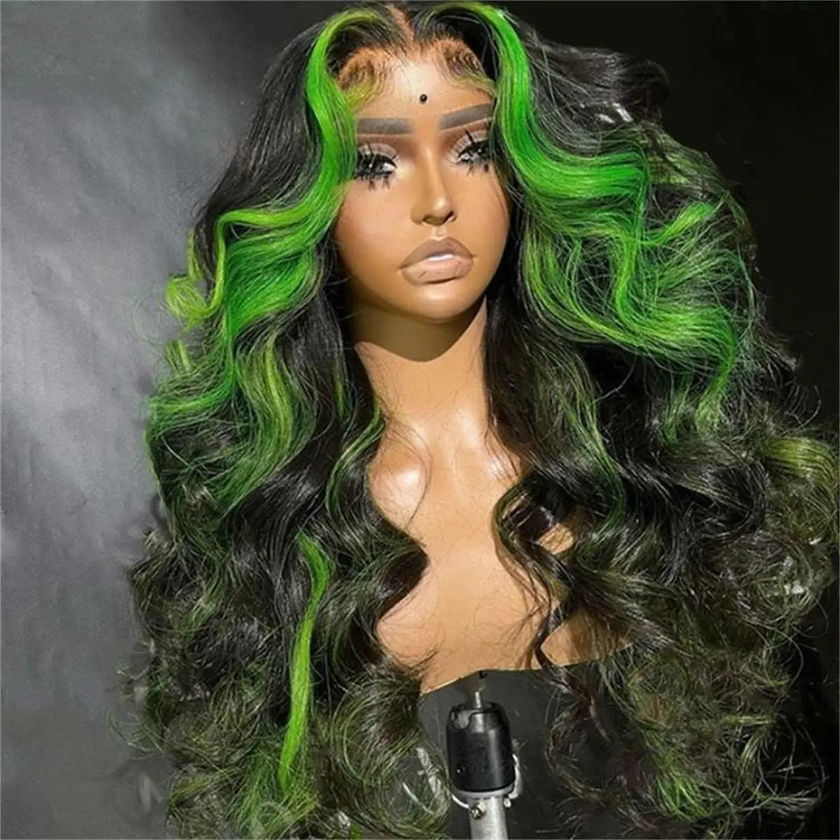 13X4 Synthetic Lace Front Wigs Highlight Black with Green Streak Colorful Long Wavy Glueless Synthetic Hair Heat Resistant