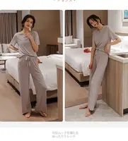 Women's summer lightweight solid-color home wear set - short-sleeved stretch waist pants for lazy pajamas - Image 4