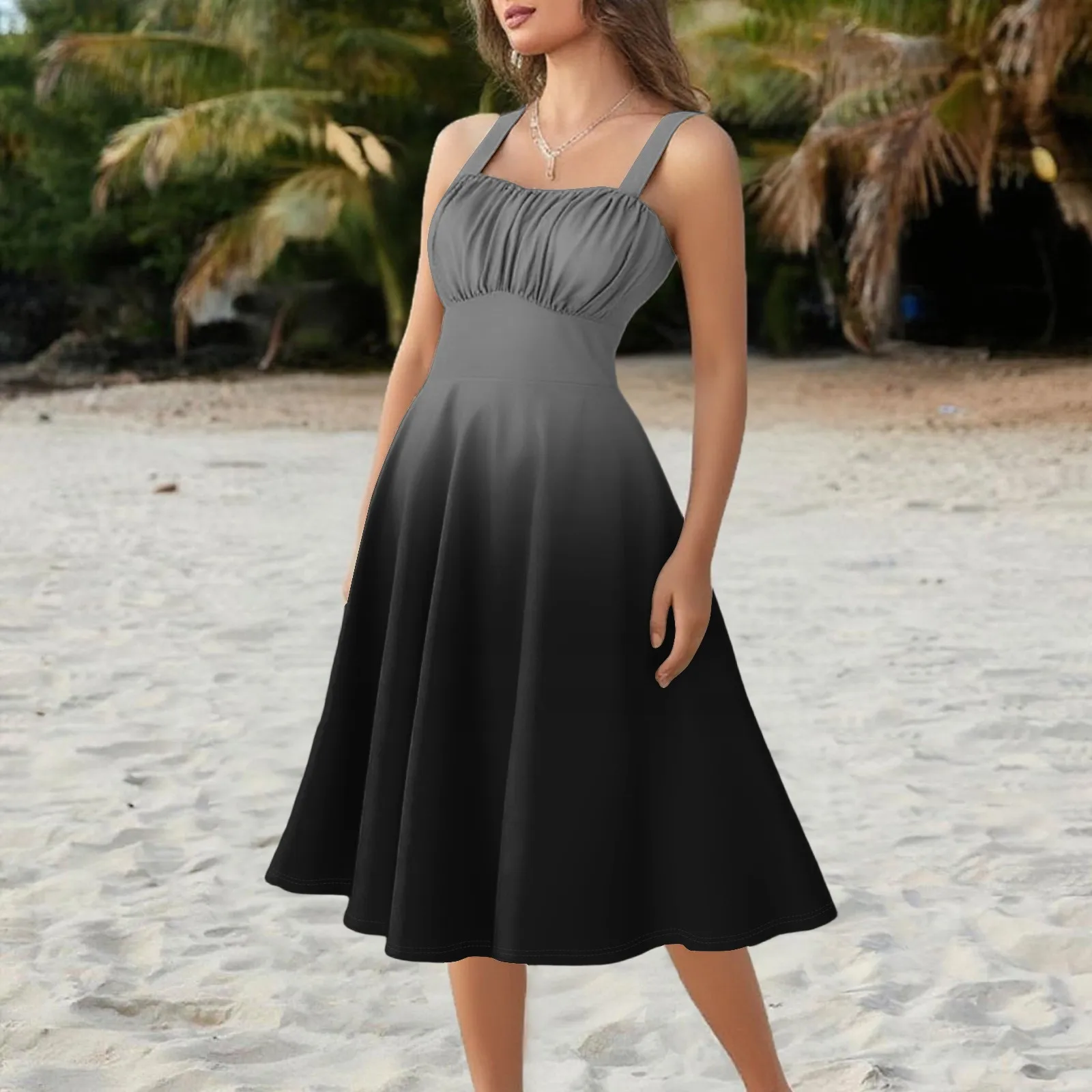 Women'S Vintage Sleeveless Pleated Patchwork Cute A-Line Hem Gradient Printed Dresses Vestidos Mujer Veranoa 2025 Women Clothing