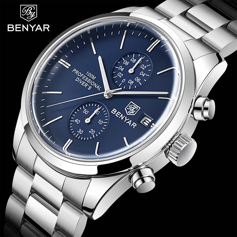 Benyar 2023 New Sports Quartz Watch Luxury Fashion Chronograph 100M Waterproof Leather Military Clock Relojes Hombre