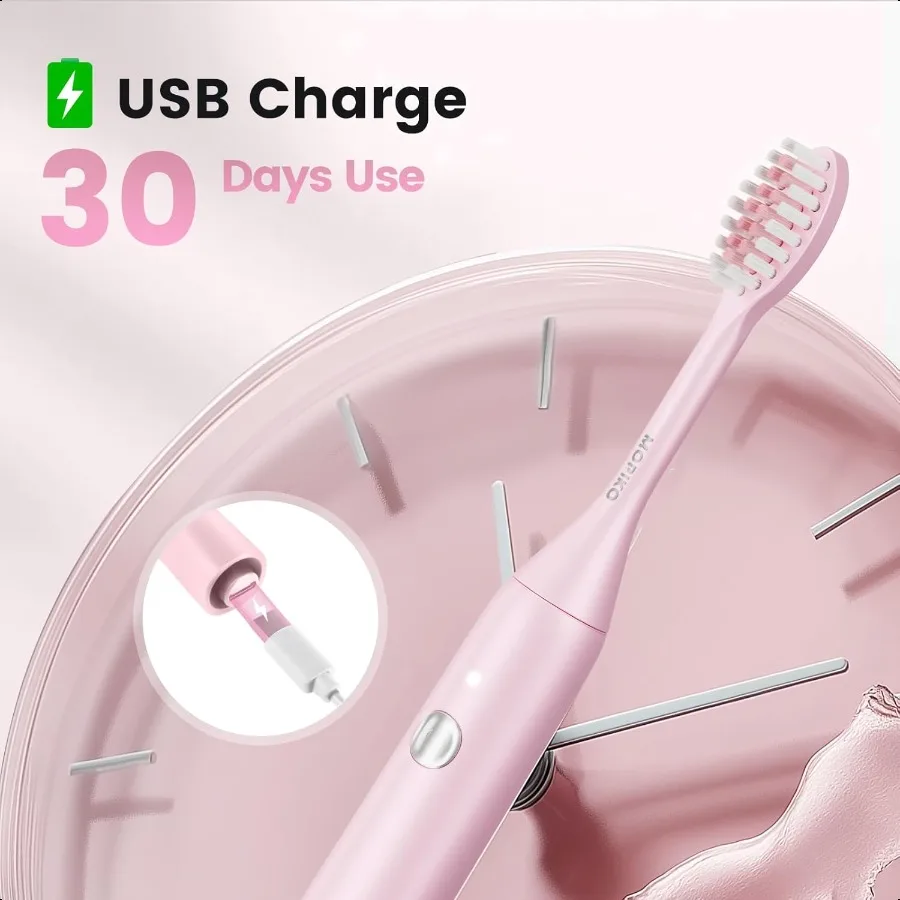 فرشاة أسنان كهربائية بالموجات الصوتية للبالغين، فرشاة أسنان كهربائية محمولة قابلة لإعادة الشحن، طقم سفر USB وردي #3