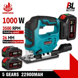 ONEVAN 3500 U/min bürstenlose elektrische Stichsäge 1000 W Stichsäge, verstellbare Klinge, 3 variable Geschwindigkeit, Holzbearbeitungswerkzeug für Makita 18 V Akku