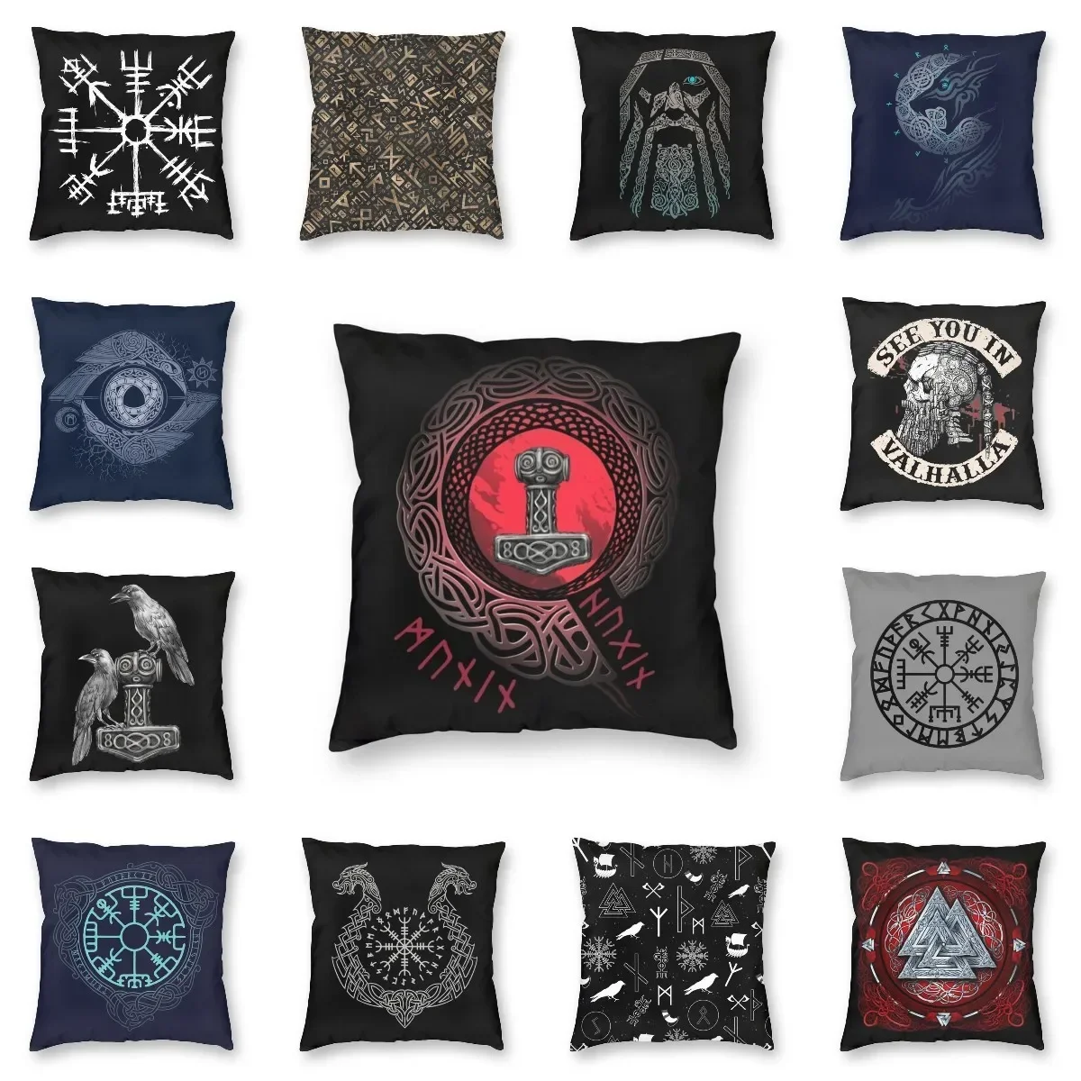Viking Runes Thor Mjolnir Cushion Covers Sofa Home Decorative Norse Valhalla Odin Square Throw Pillow Cover 45x45
