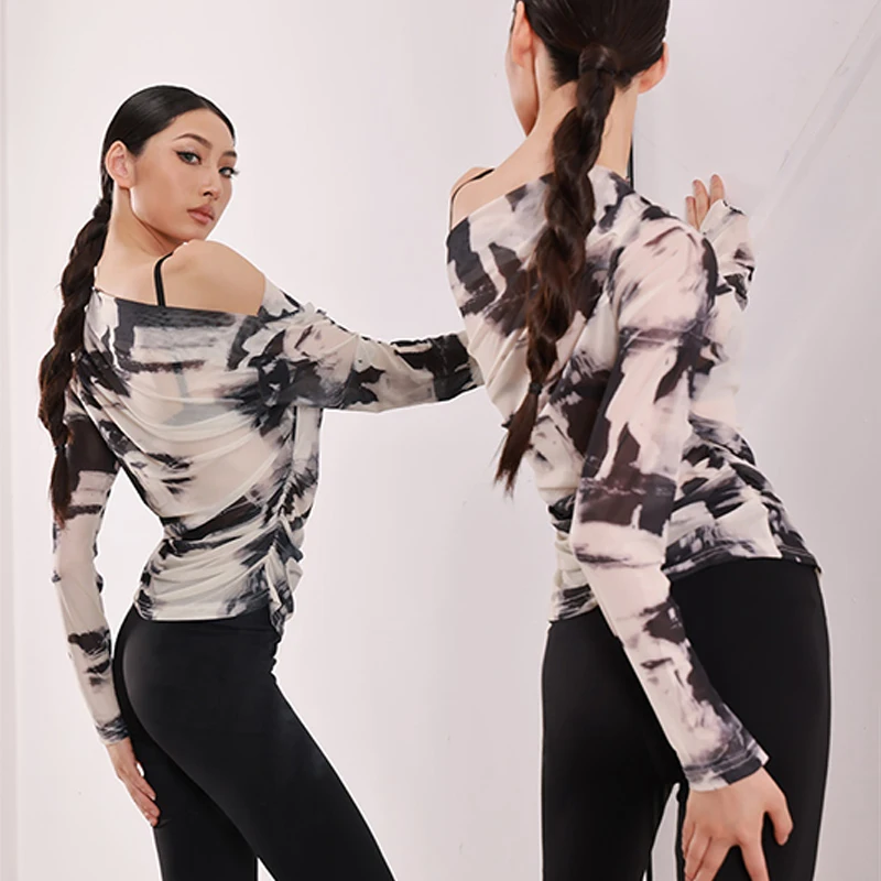 2024 New Latin Dance Tops Mesh Long Sleeves Oblique Shoulder T Shirt Adult Women Rumba Ballroom Dance Practice CLothing BL13424