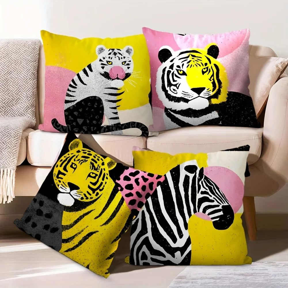 4pcs Modern Cartoon Tiger & Zebra Throw Pillow Covers, Bold Color Block Wildlife Print Cushion Cases, Playful Kids Home Decor