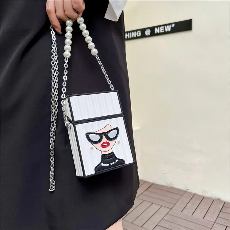 Small Shoulder Bag For Women Funny Cigarette Case Shape Bag Fashion Glasses Girl Chaiin Bag Pearl Chain Handle Box Bag