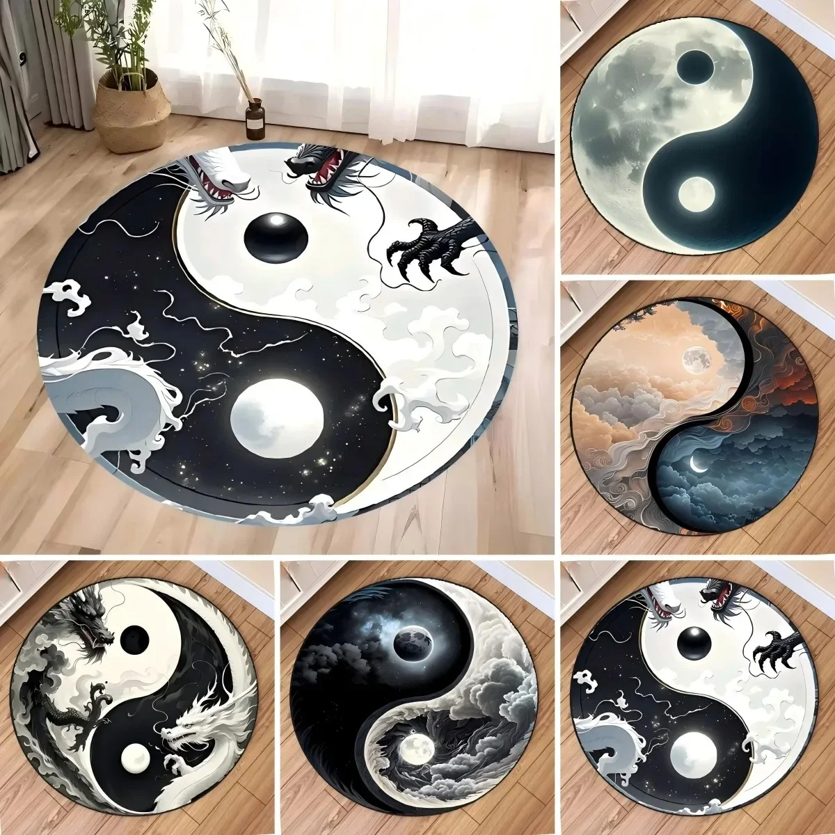 Yin Yang Dragon Round Rug Chinese Mythology Pattern Carpet Living Room Bedroom Decorative Floor Mat