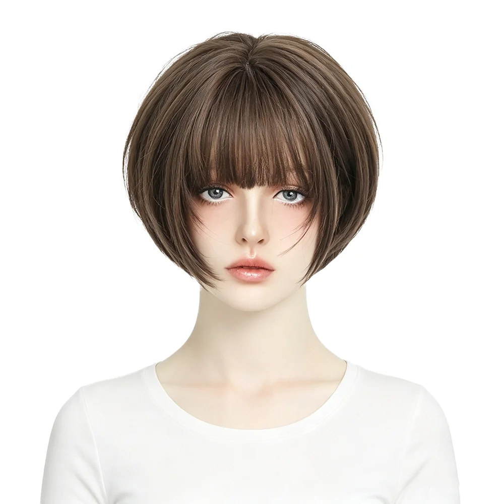 11 Inch Dark Brown Straight Bang Bob Wig with Bangs Heat Resistant Synthetic Wig For Women Halloween Cosplay Party Daily Use
