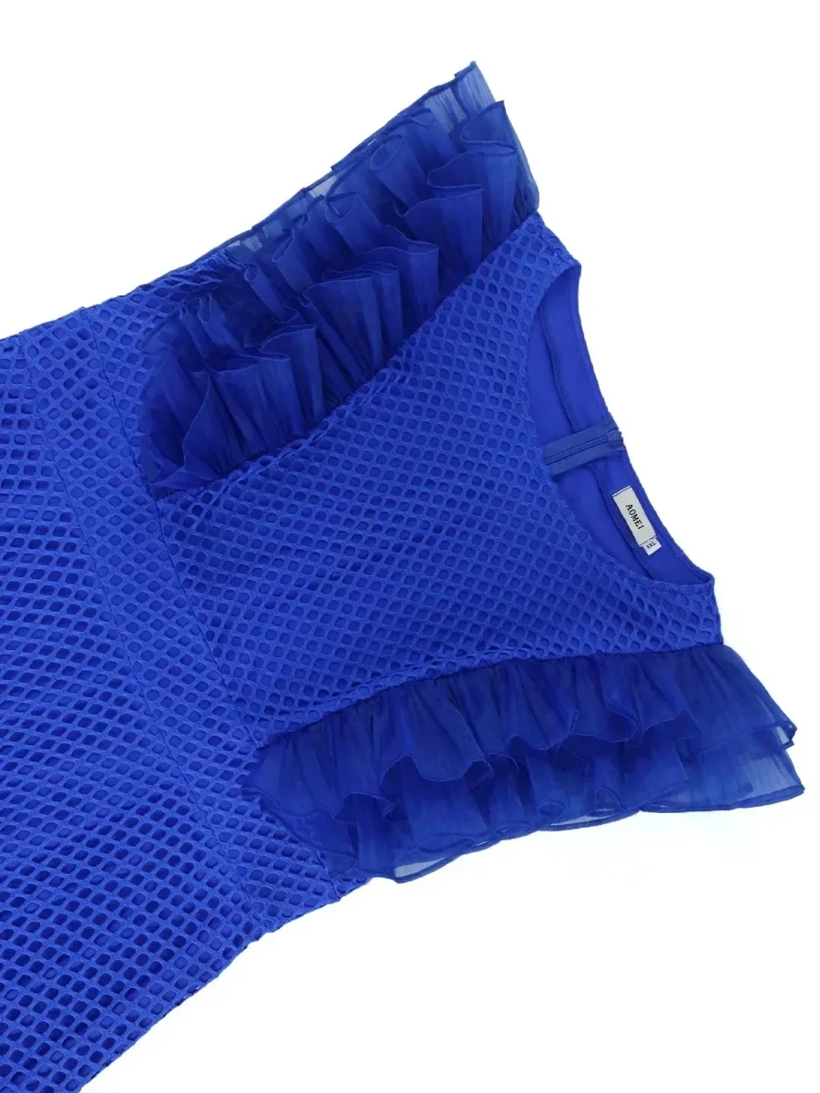 Vestidos de fiesta transparentes azules para mujer, cuello redondo, volantes, cintura alta, red de pescado, línea A, cóctel, noche de cumpleaños, vestido Midi 2024