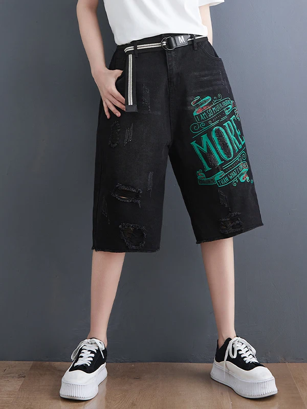 

Loose Women's Summer Thin Denim Jeans Hollow out Straight Leg Pants Large Size Comfortable Slimming Five-Quarter Length