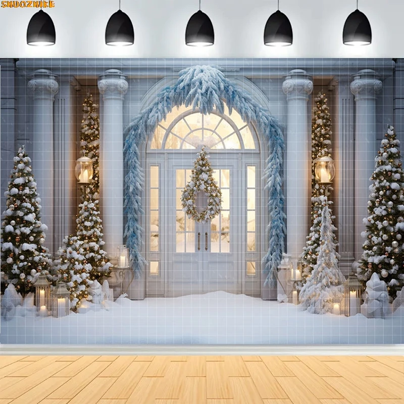 

Christmas Day Wreath Family New Year Party Photography Backdrops Prop Window Living Room Xmas Tree Gift Snow Background BV-35