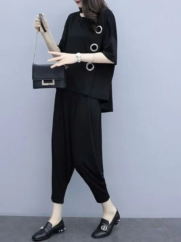 plus Size Women's Slimming Summer Casual Fashion Harlan Pants Short Sleeve Meat Concealing Two-Piece Set Youthful Appearance