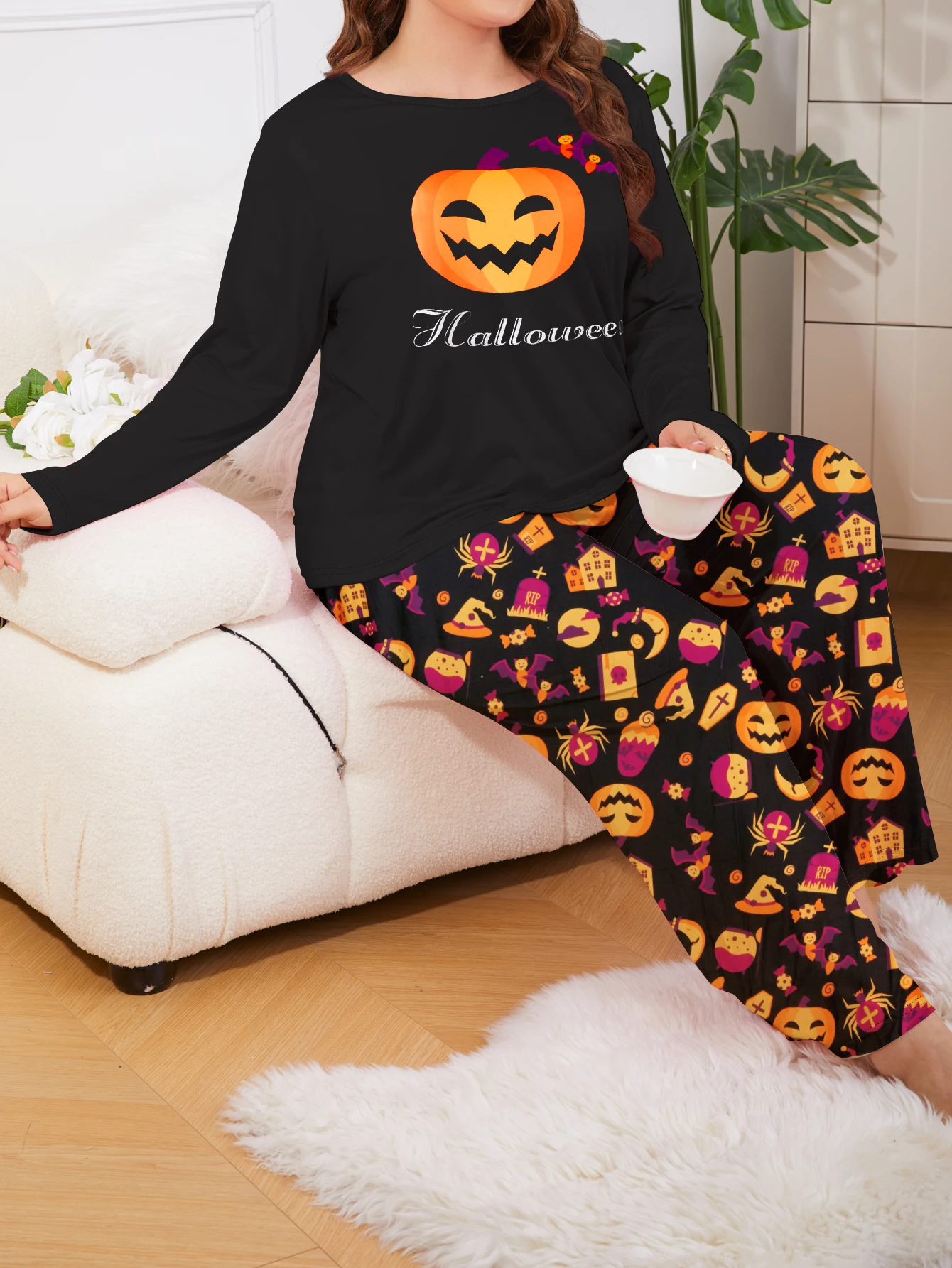 Halloween pumpkin print cute casual plus size women\'s pajamas home clothes T-shirt&pants 2-piece set