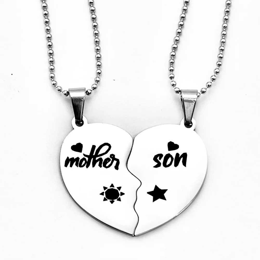2 stücke Mutter Tochter Sohn Herz Puzzle Anhänger Halskette Edelstahl Sonne Mond Halsketten Mama Kinder Charms Geschenk