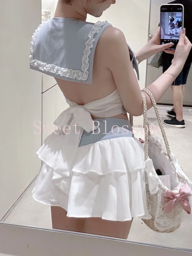 Japanse Zoete Lolita Tweedelige Set Vrouwen Backless Boog Tops + Korte Taart Rok Nieuwe Harajuku Pure Desire Slanke Zomer outfit 2025