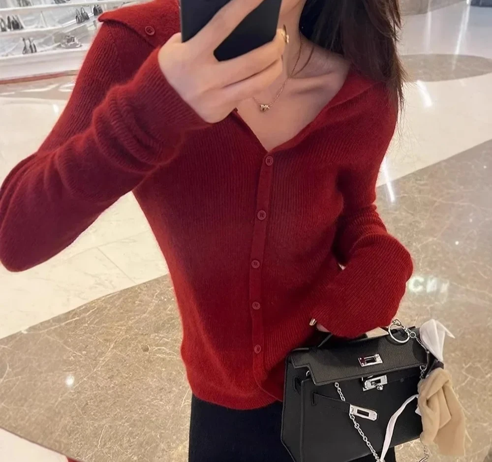 Cardigan aberto de malha feminino outono inverno fino manga longa base camisola casaco com decote em v estilo chinês outerwear