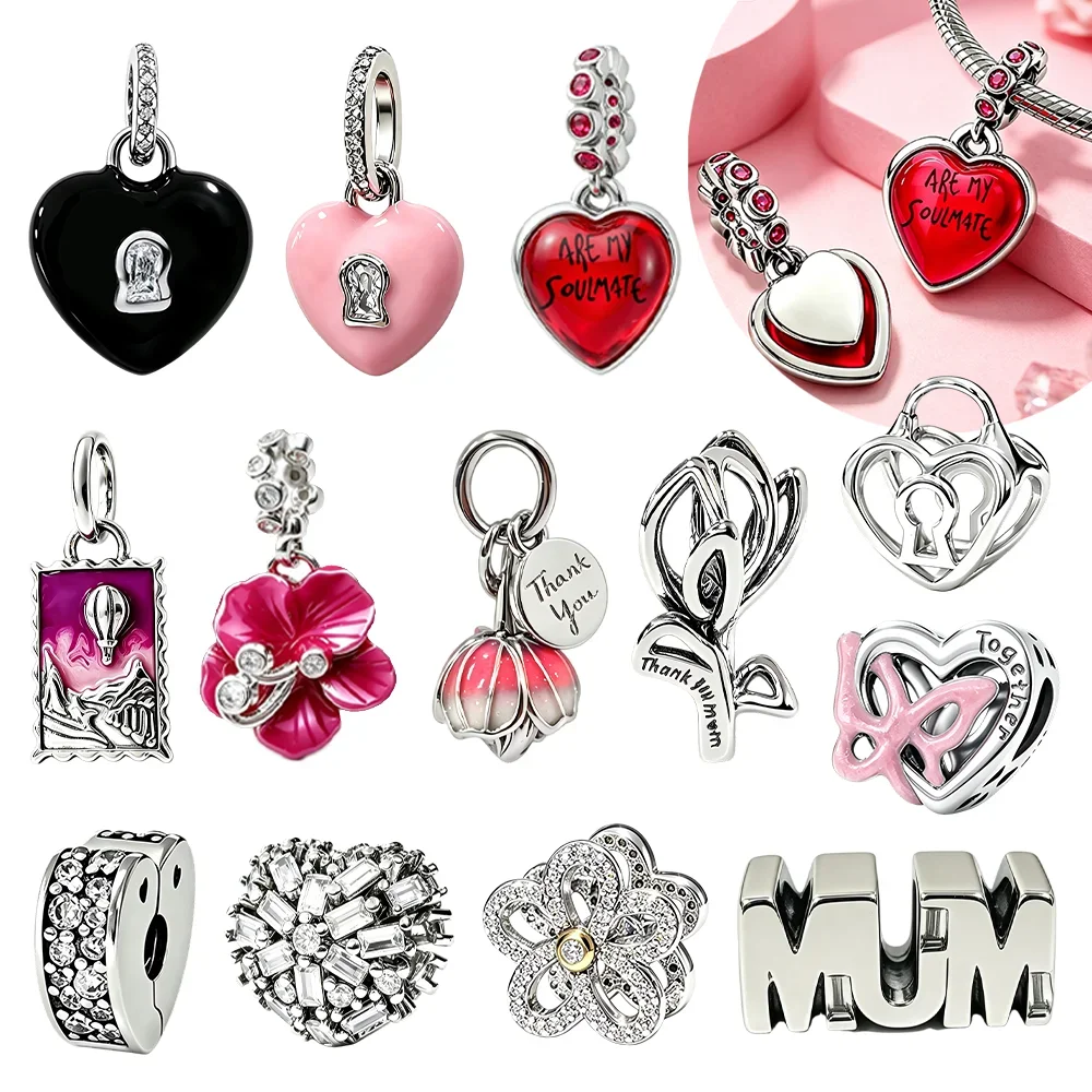 925 Silber Blumen-Tulpen-Herz-Schloss-Abstandshalter-Heißluftballon-Perlen für Armbänder, Taschen, Schlüsselanhänger, Charms, rosa, rot, Anhänger, Schmuckherstellung