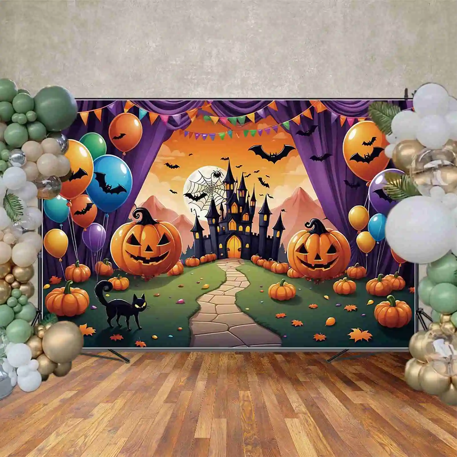 MOON.QG Halloween Backdrop Baby Party Photography Studio Background Children Balloon Curtain Jack-O\'-Lantern Photo Back Drop