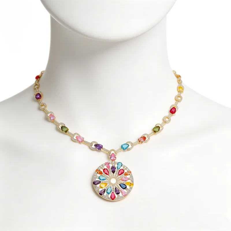 Designer Collection Style Necklace Women Lady Inlay Colored Water Drop Cubic Zircon Round Pendant Collarbone Chain