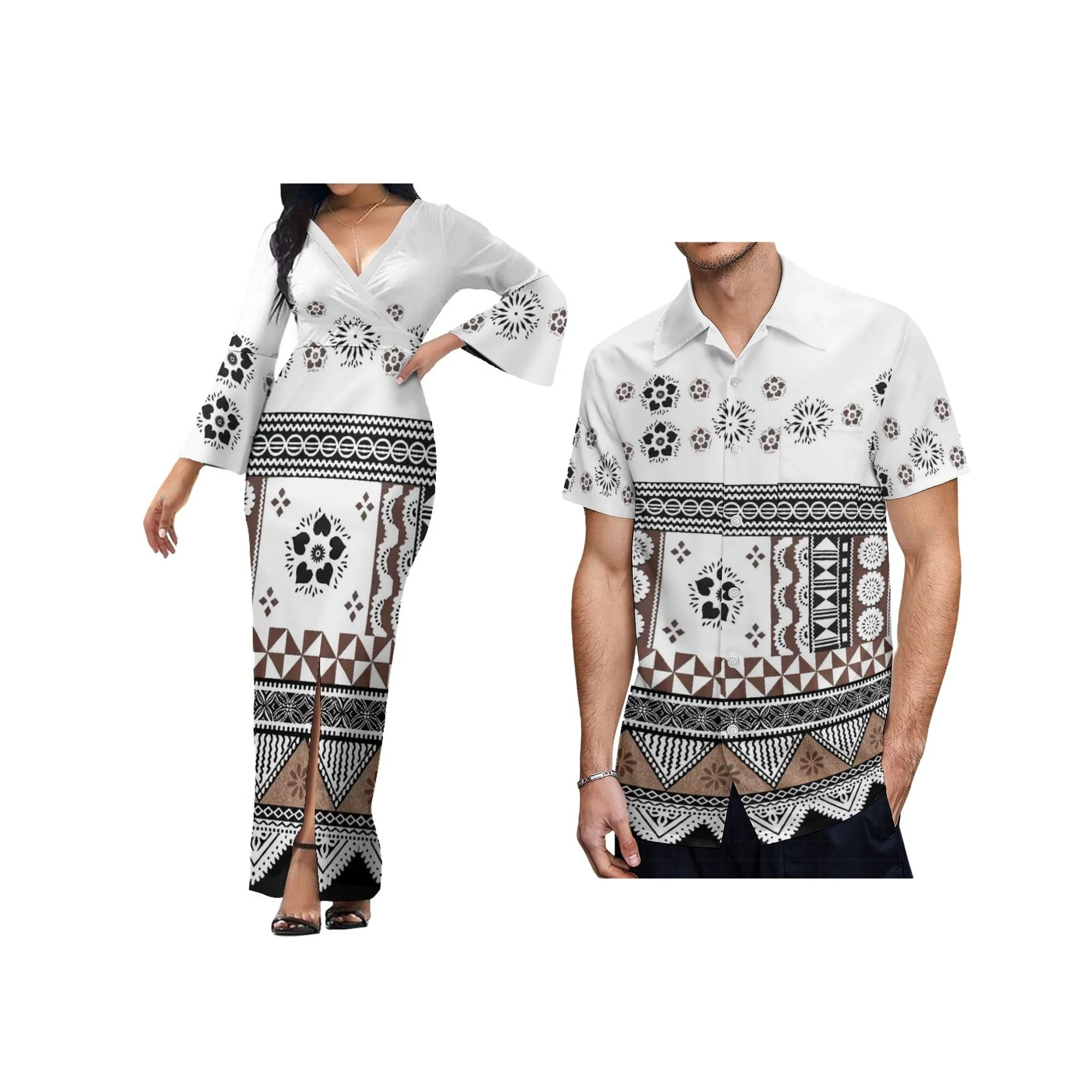 Drop Shipping mother day Polynesian White Dress Matching Short Sleeve Men\'s Shirt Couples Matching Outfits Long Island Dress