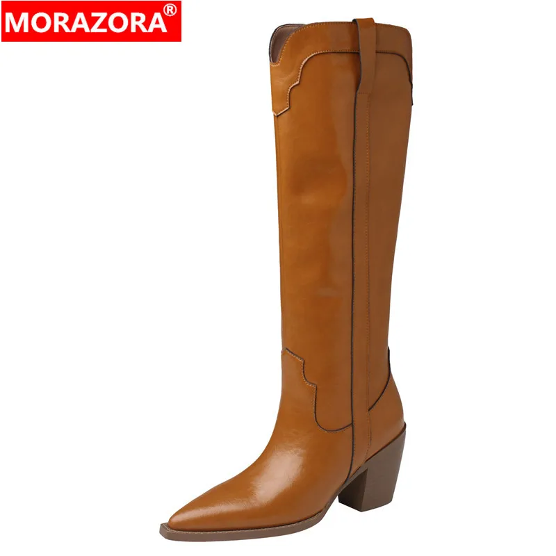 

MORAZORA 2024 New Genuine Leather Boots Women Square Heels Pointed Toe Zipper Knee High Boots Cowboy Western Boots Female Shoes