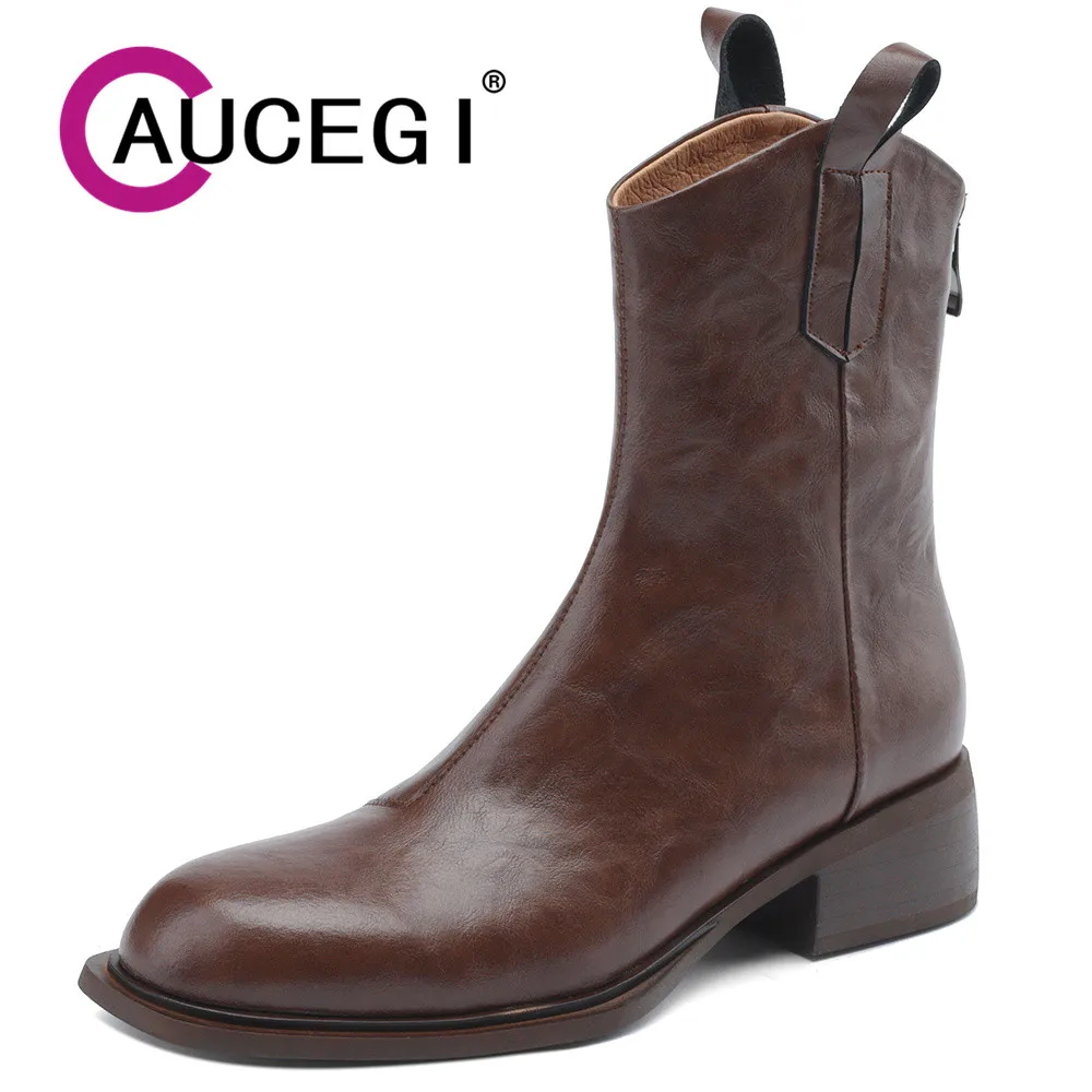 

Aucegi Popular Women Round Toe Genuine Leather Western Ankle Boots Tooling Style Girls Round Toe Thick High Heels Versatile Shoe