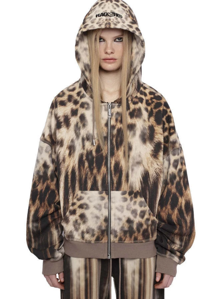 

Vintage Leopard Print Cropped Zip Up Hoodie for Women, Gothic Streetwear Hooded Sweatshirt, 2026 Trendy Casual Fashion Jacket