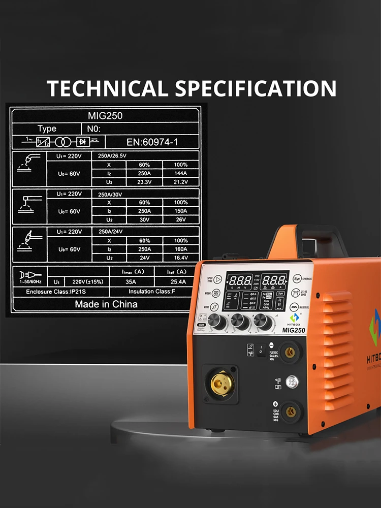 HITBOX 250A 6-in-1-Aluminiumschweißgerät ARC MMA/MIG Gas Gaslos/Lift WIG 2T 4T IGBT Inverter Halbautomatisches MIG-Schweißgerät