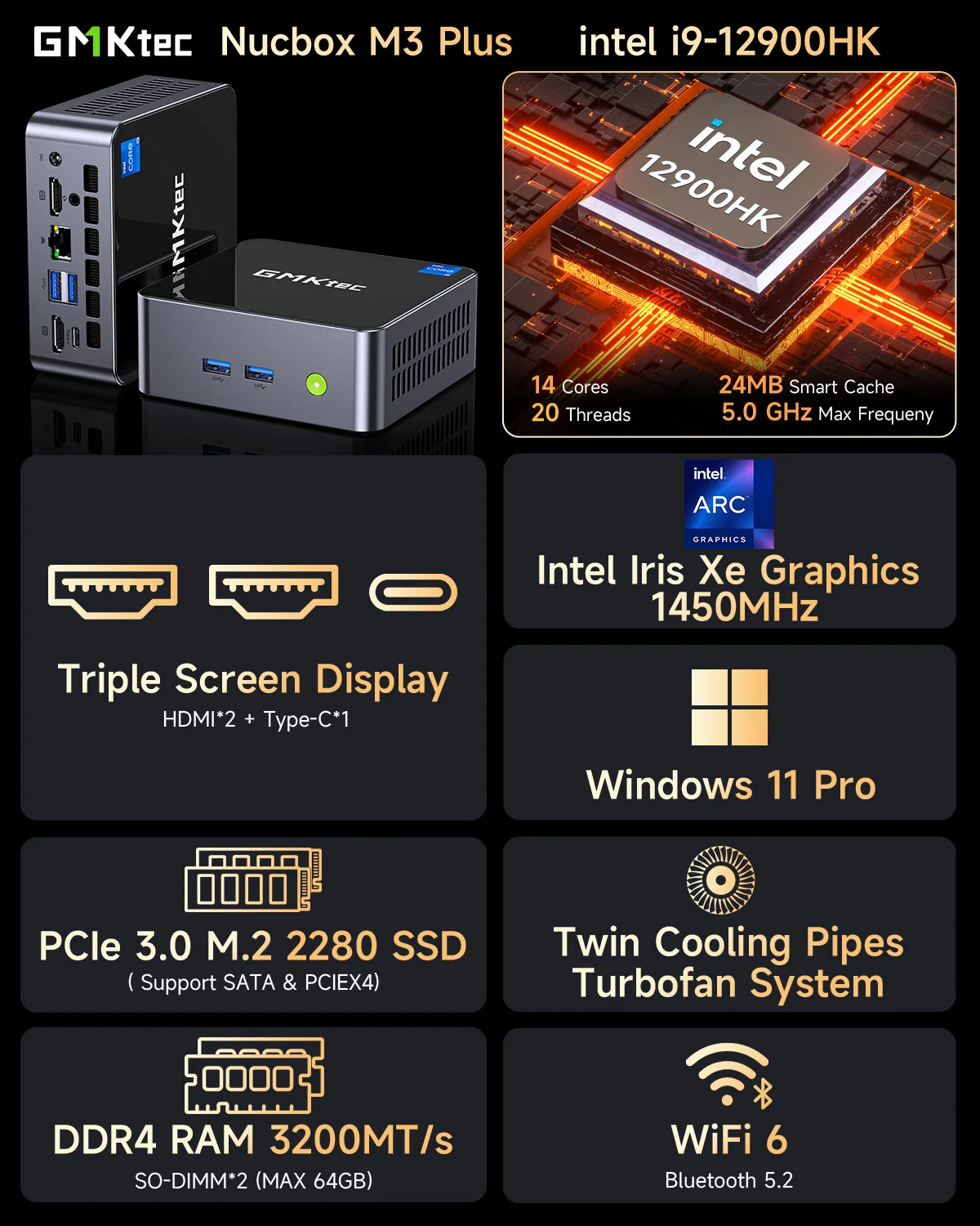 GMKtec M3 Plus Desktop PC Intel Core i9-12900HK Mini PC 14-core 20-thread 16GB DDR5 1TB SSD Gaming Computer PC Mini Computer PC