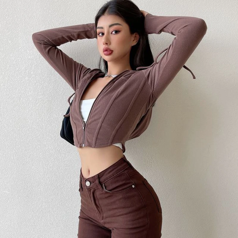 Rimocy Casual Solid Color Hooded Cardigan Women Long Sleeves Y2K Slim Fit Crop Tops Woman 2023 New Zipper Up Streetwear Tees Top